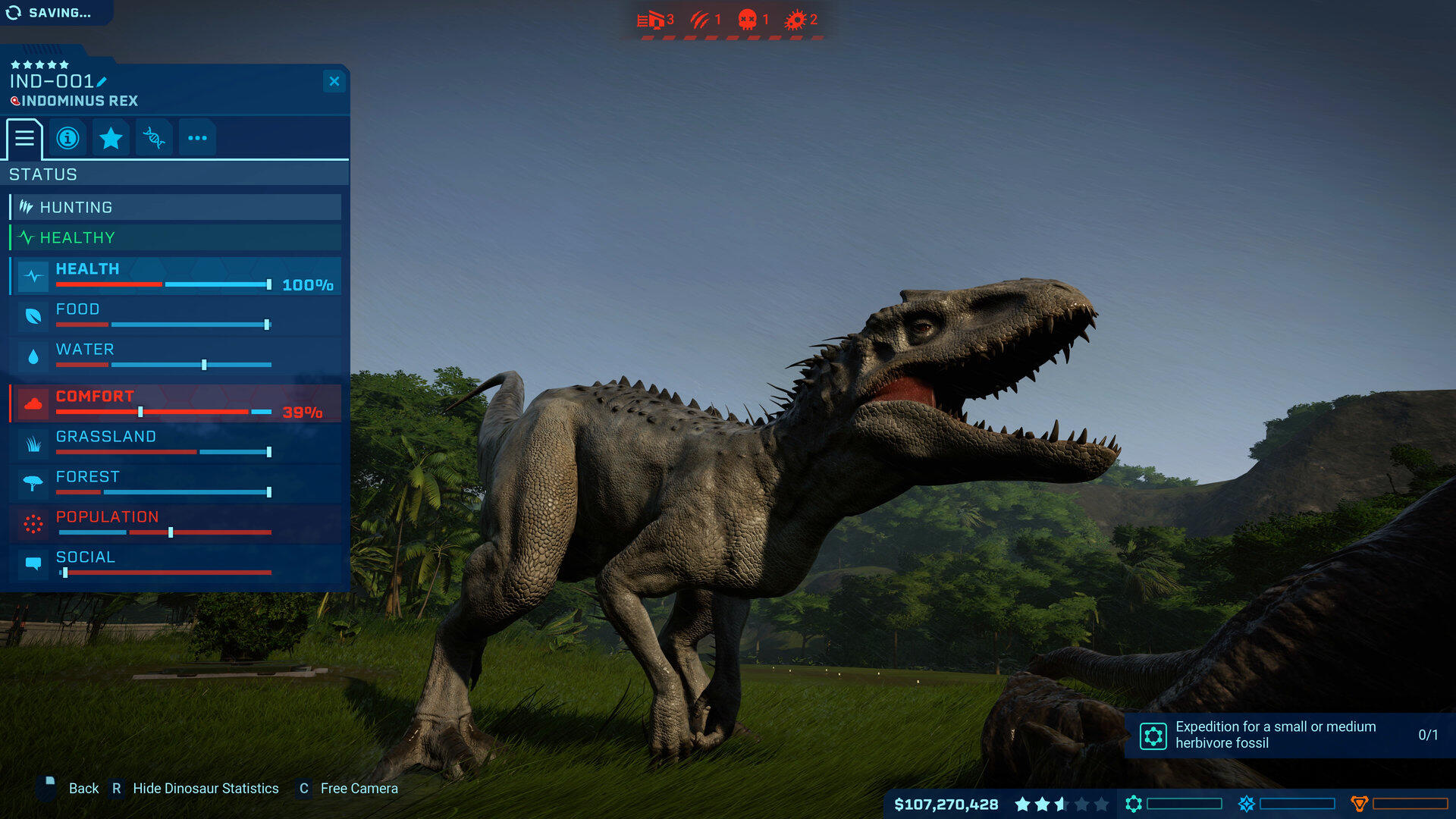 The dinosaur status panel from Jurassic World Evolution.