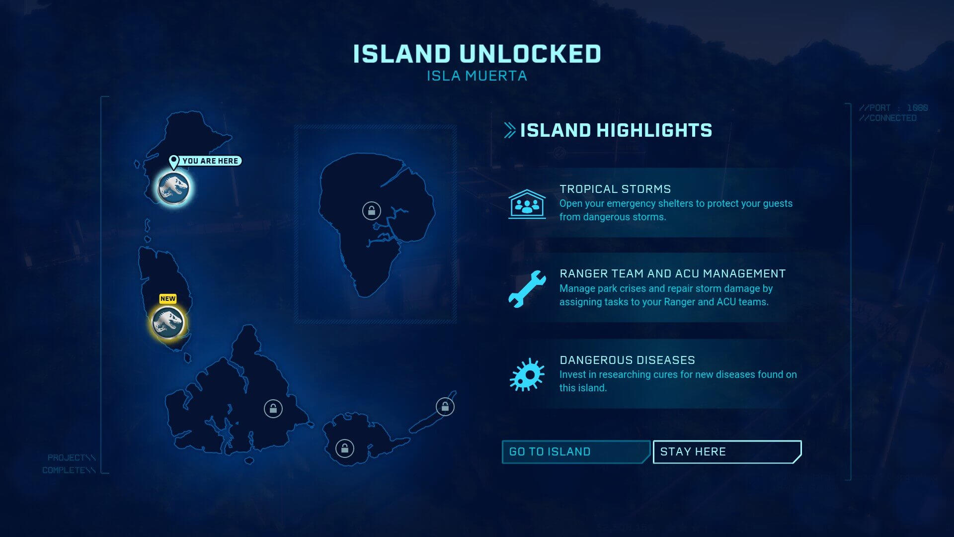 The island unlocked screen of Jurassic World Evolution.