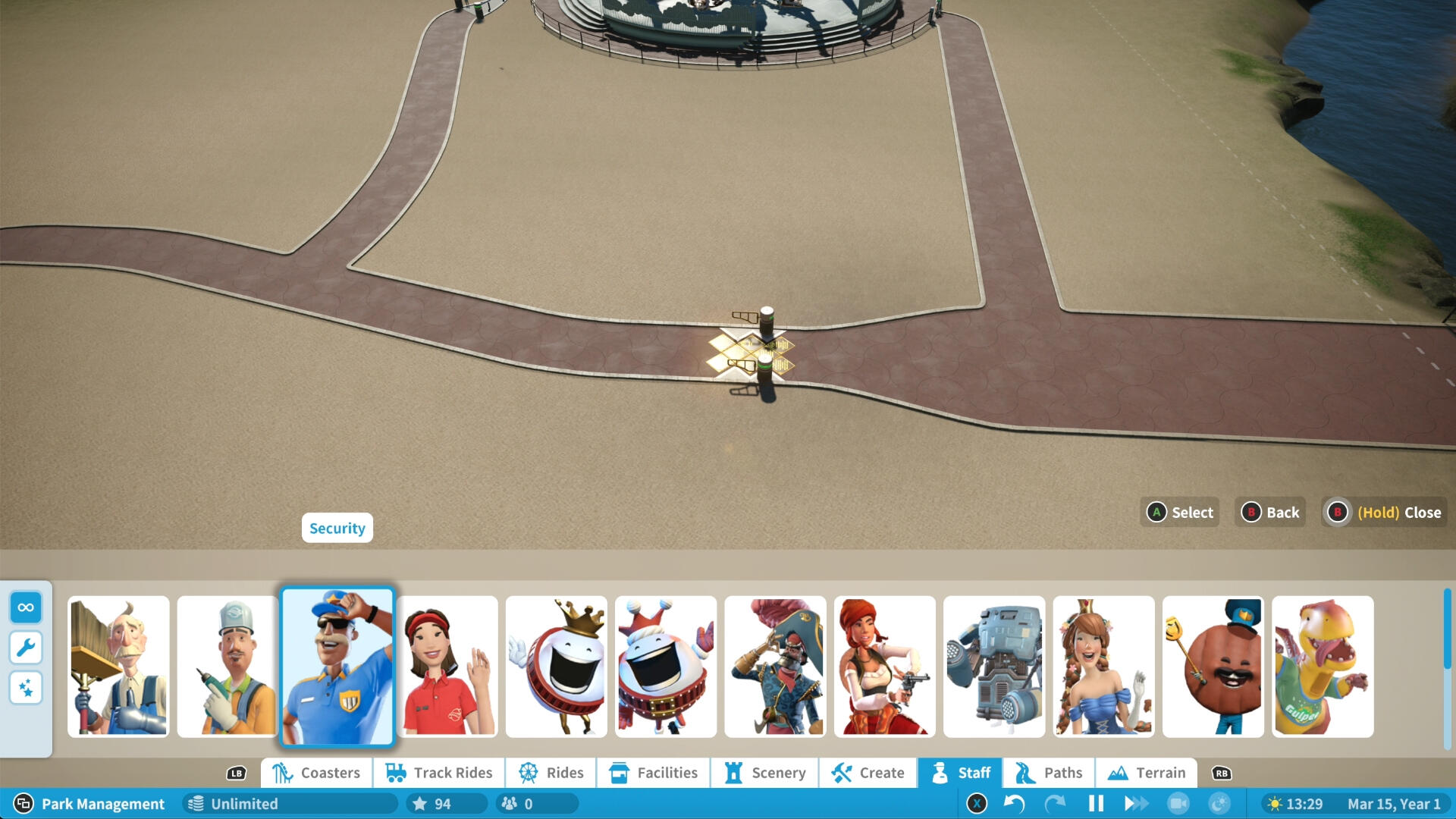 The staff hiring interface of Planet Coaster Console.