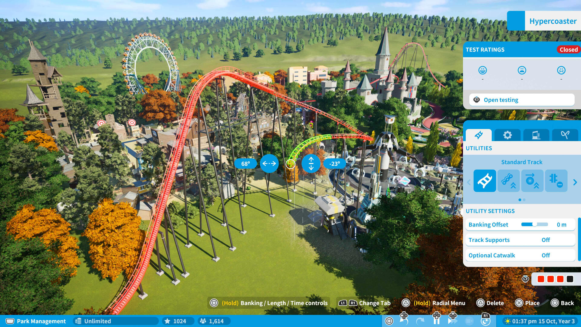 The coaster building interface of Planet Coaster Console.
