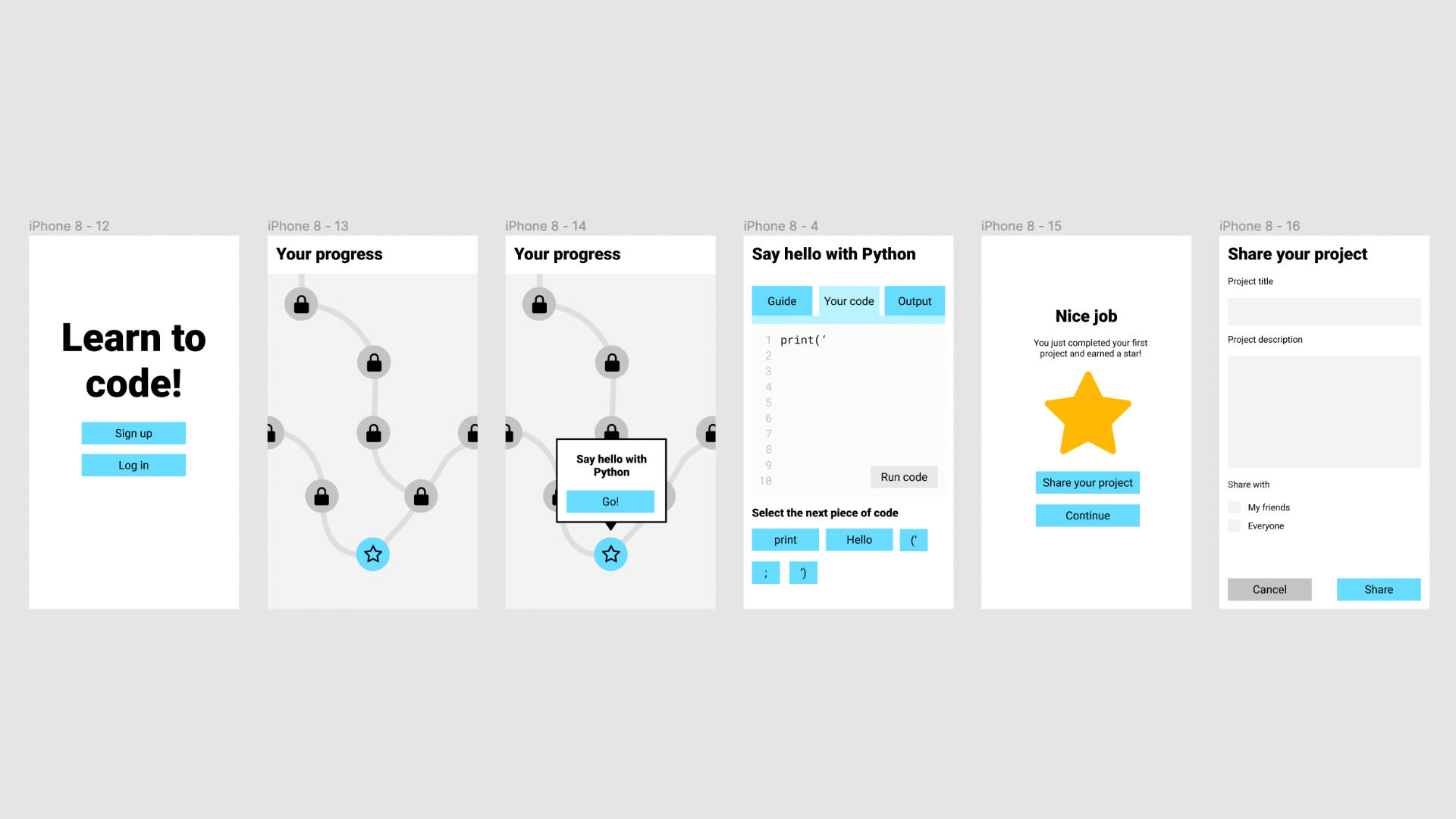 Wireframes showing early ideas.